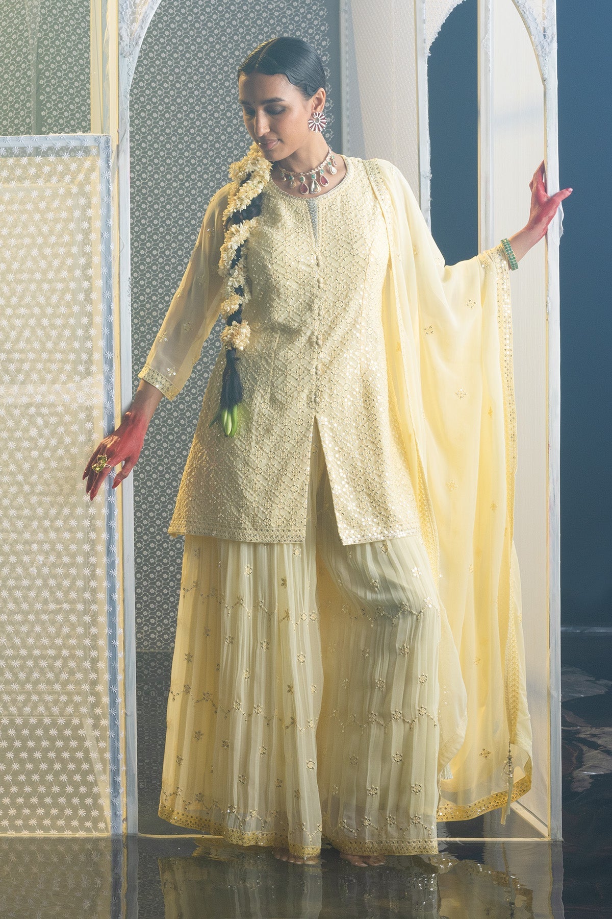 Yellow Embroidered Straight Kurta 3 Pcs Set