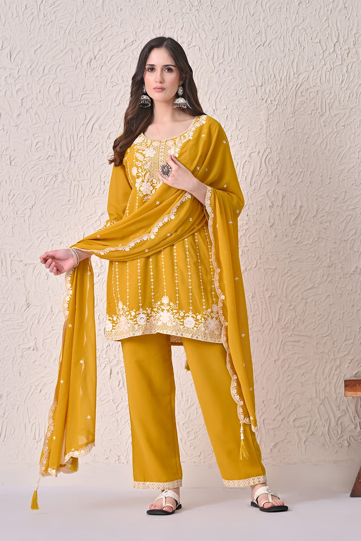 Mustard Embroidered Kurta 3 Pcs Set