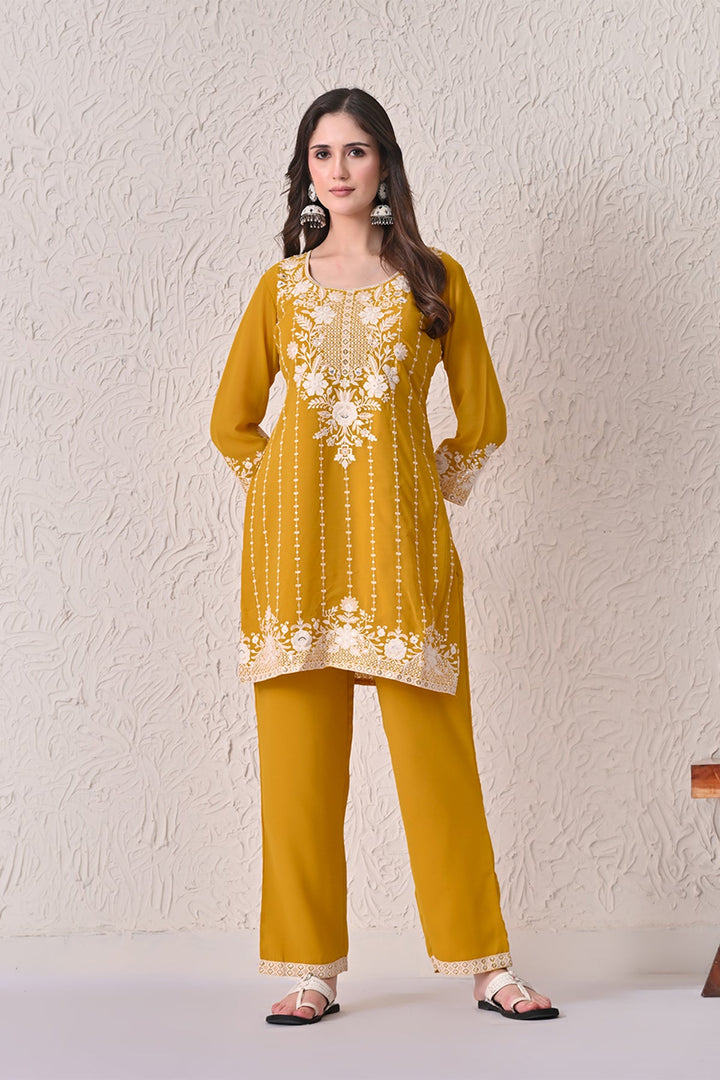 Mustard Embroidered Kurta 3 Pcs Set