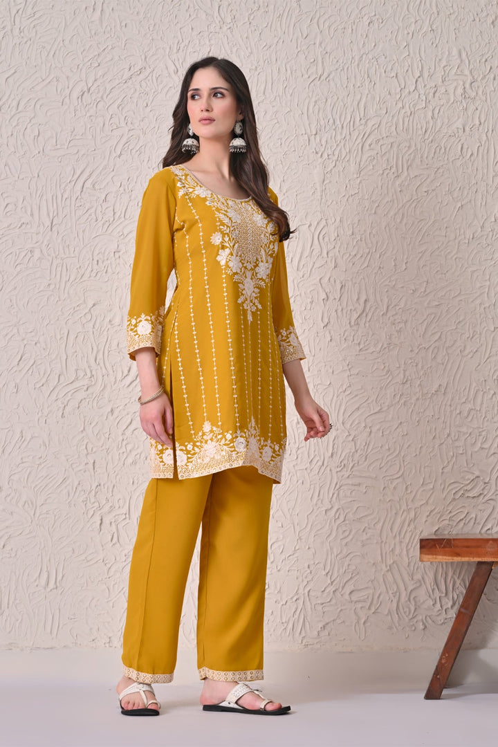 Mustard Embroidered Kurta 3 Pcs Set