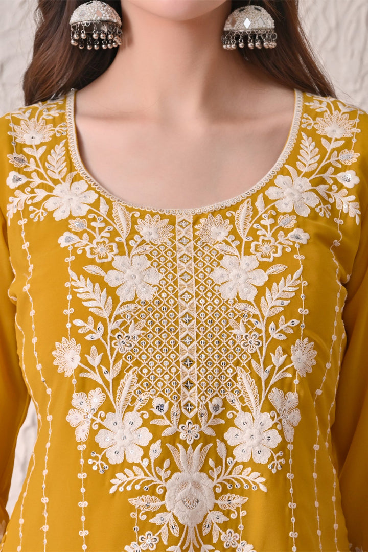 Mustard Embroidered Kurta 3 Pcs Set
