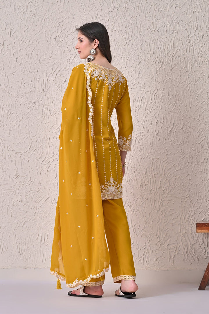 Mustard Embroidered Kurta 3 Pcs Set