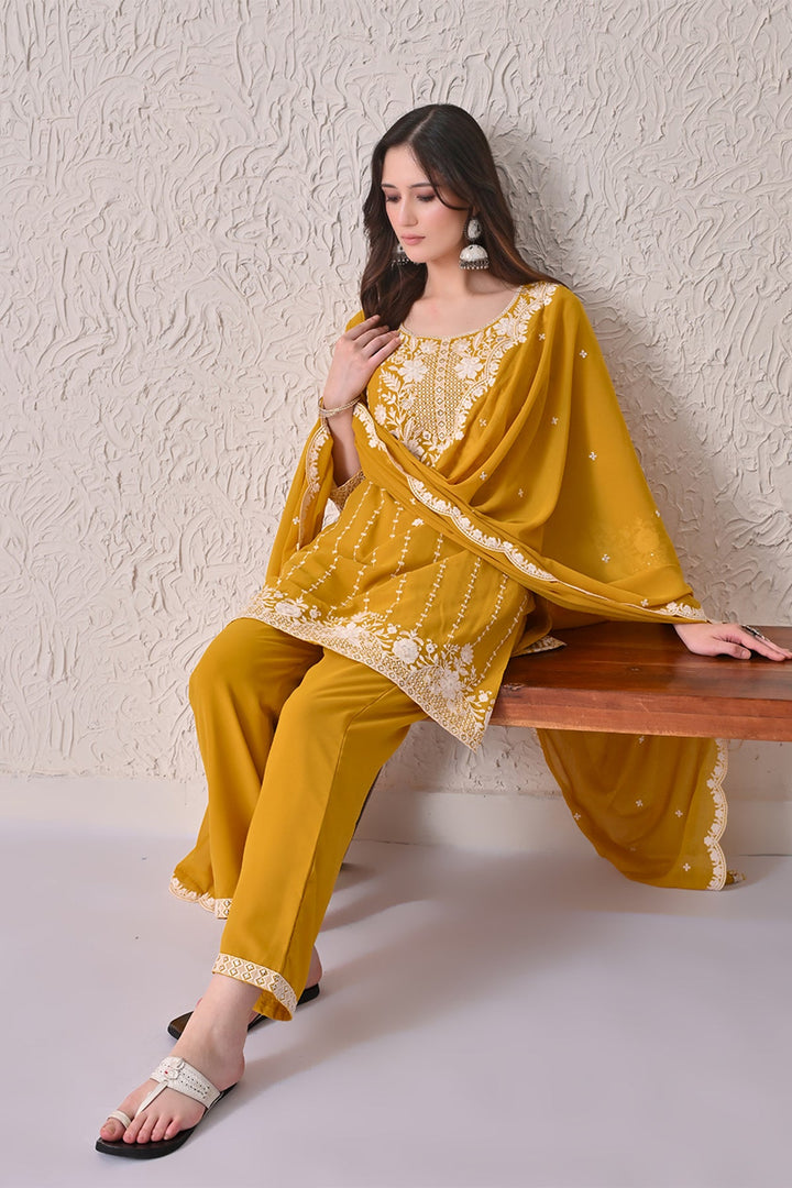 Mustard Embroidered Kurta 3 Pcs Set