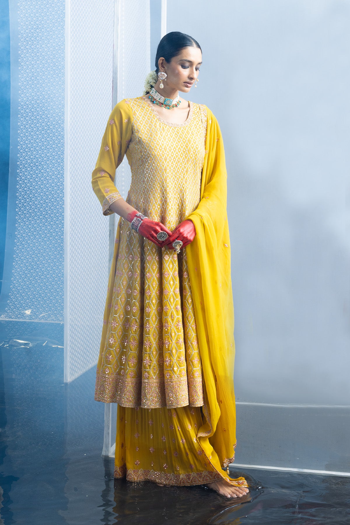 Yellow Embroidered Flared Kurta 3 Pcs Set