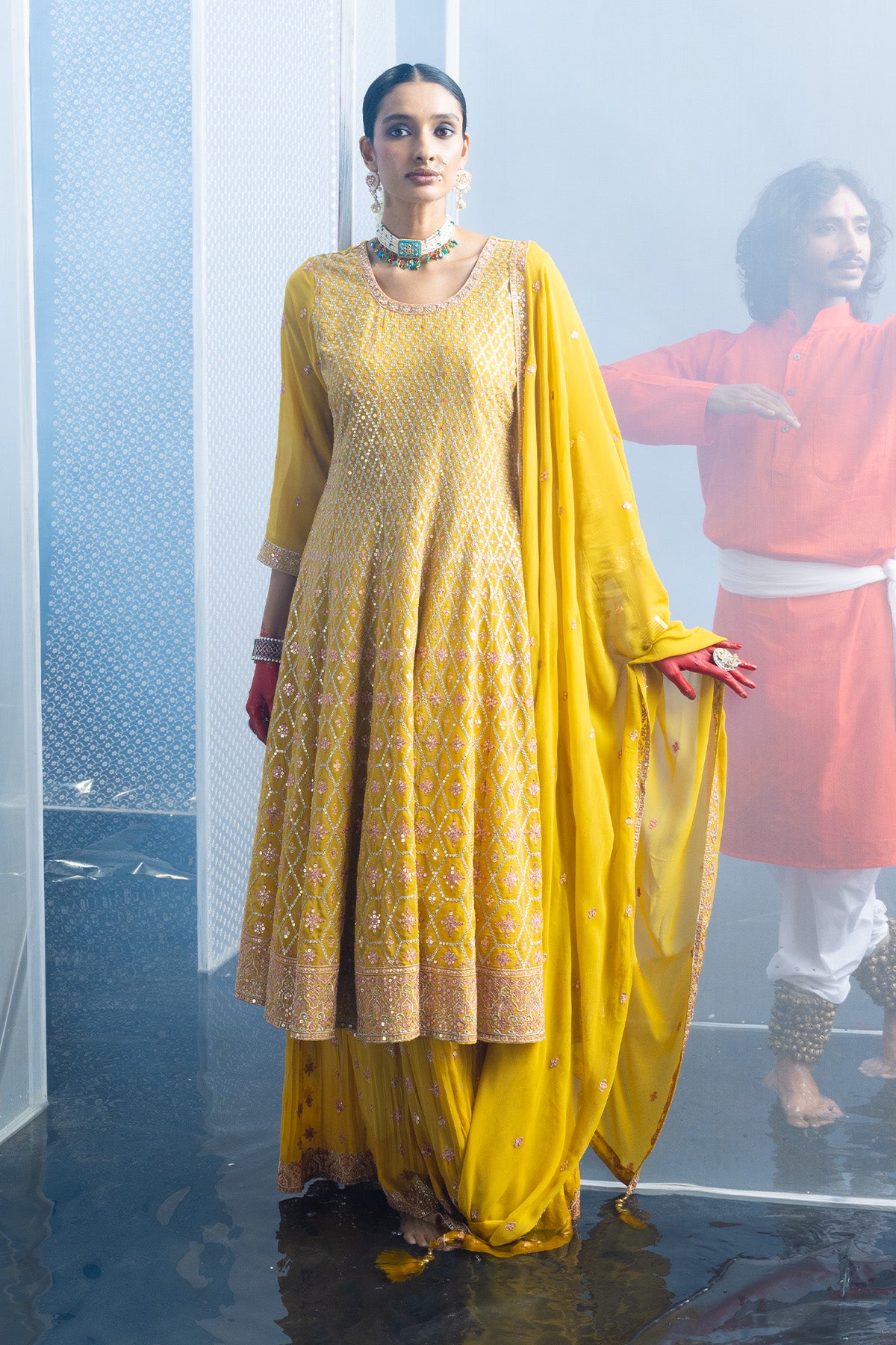 Yellow Embroidered Flared Kurta 3 Pcs Set