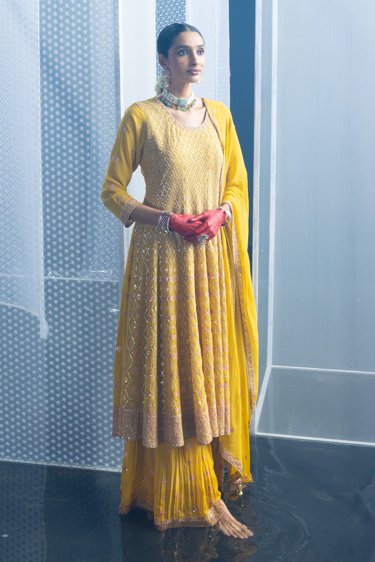 Yellow Embroidered Flared Kurta 3 Pcs Set