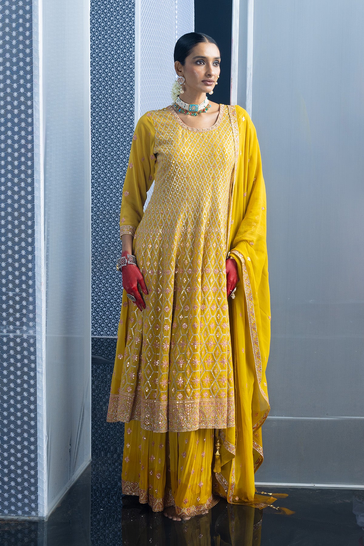 Yellow Embroidered Flared Kurta Set