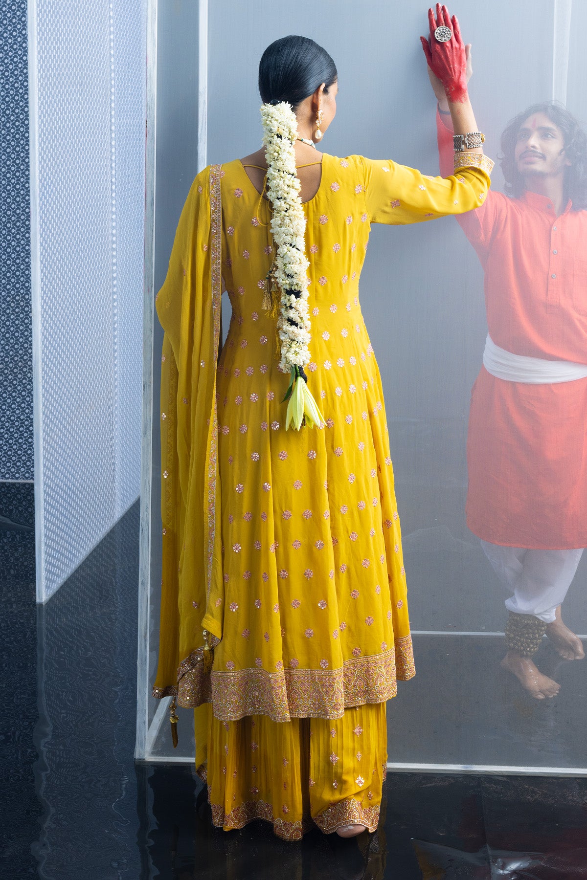 Yellow Embroidered Flared Kurta 3 Pcs Set