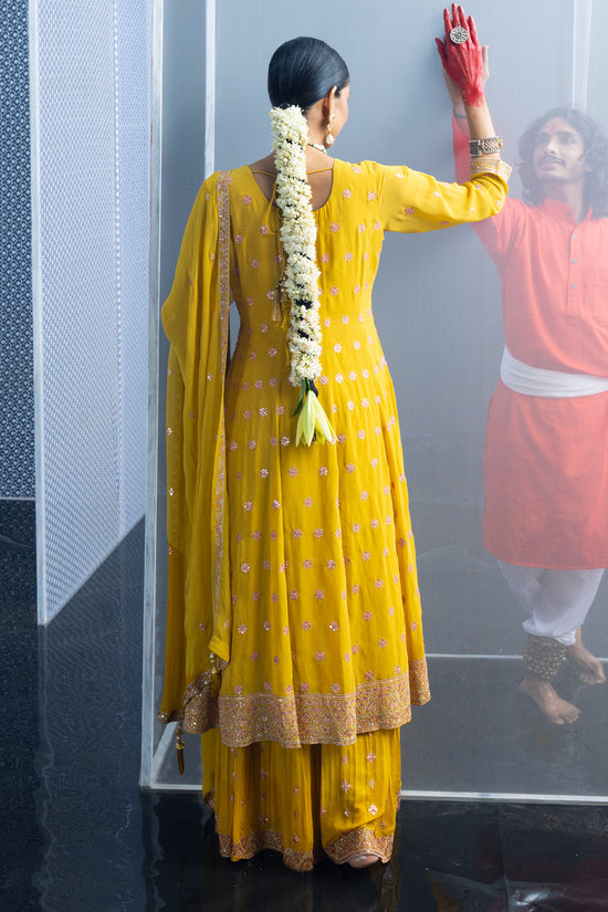 Yellow Embroidered Flared Kurta Set