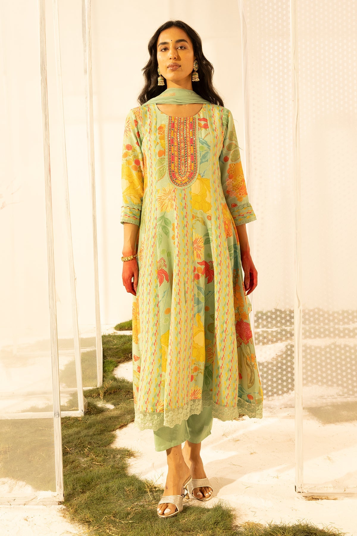 Green Embellished Embroidered Kurta 3 Pcs Set