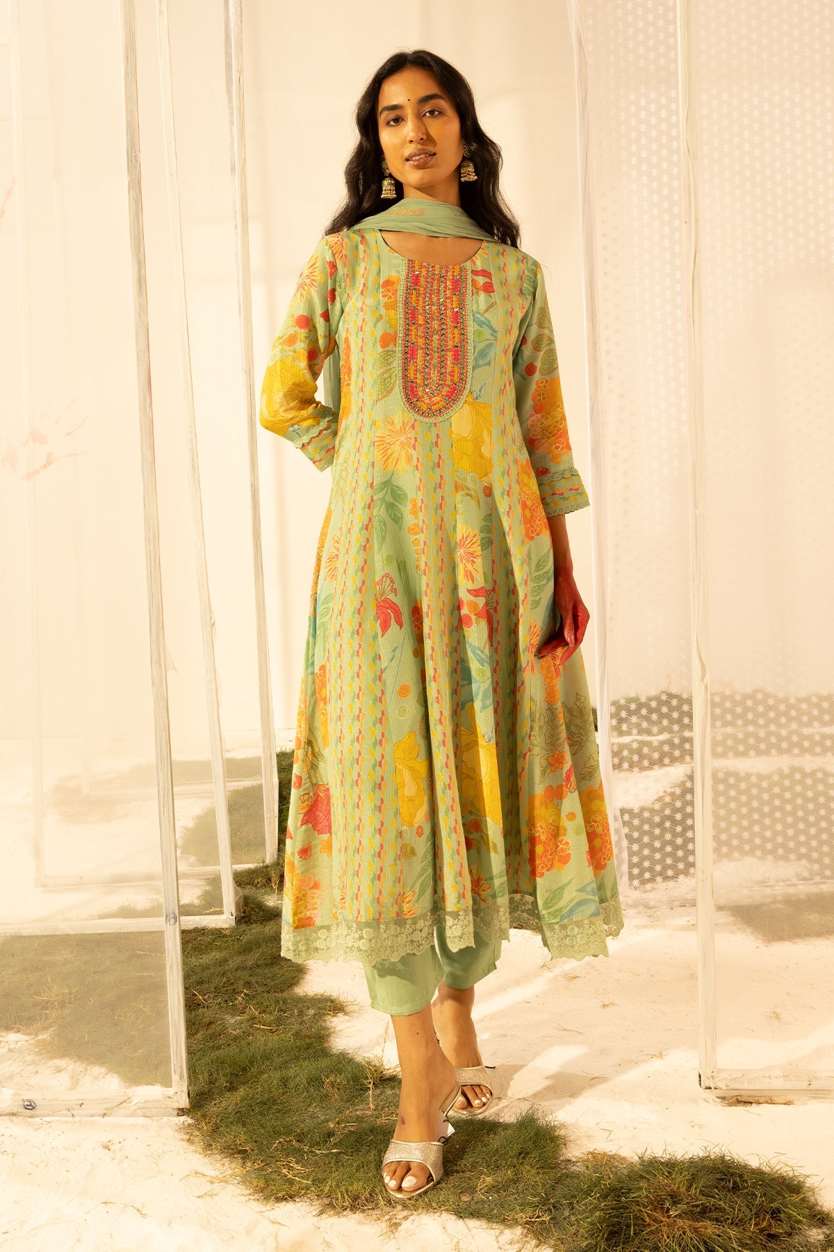 Green Embellished Embroidered Kurta 3 Pcs Set