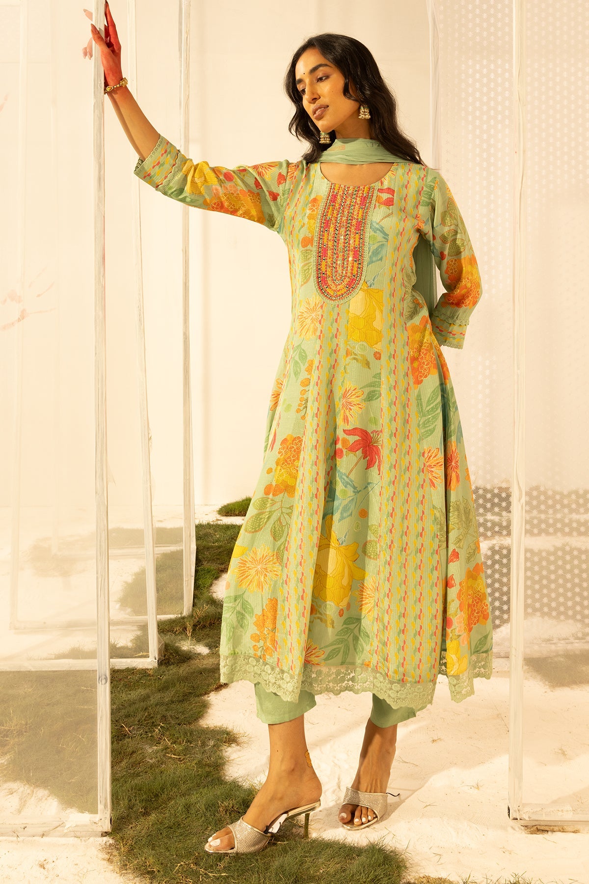 Green Embellished Embroidered Kurta Set