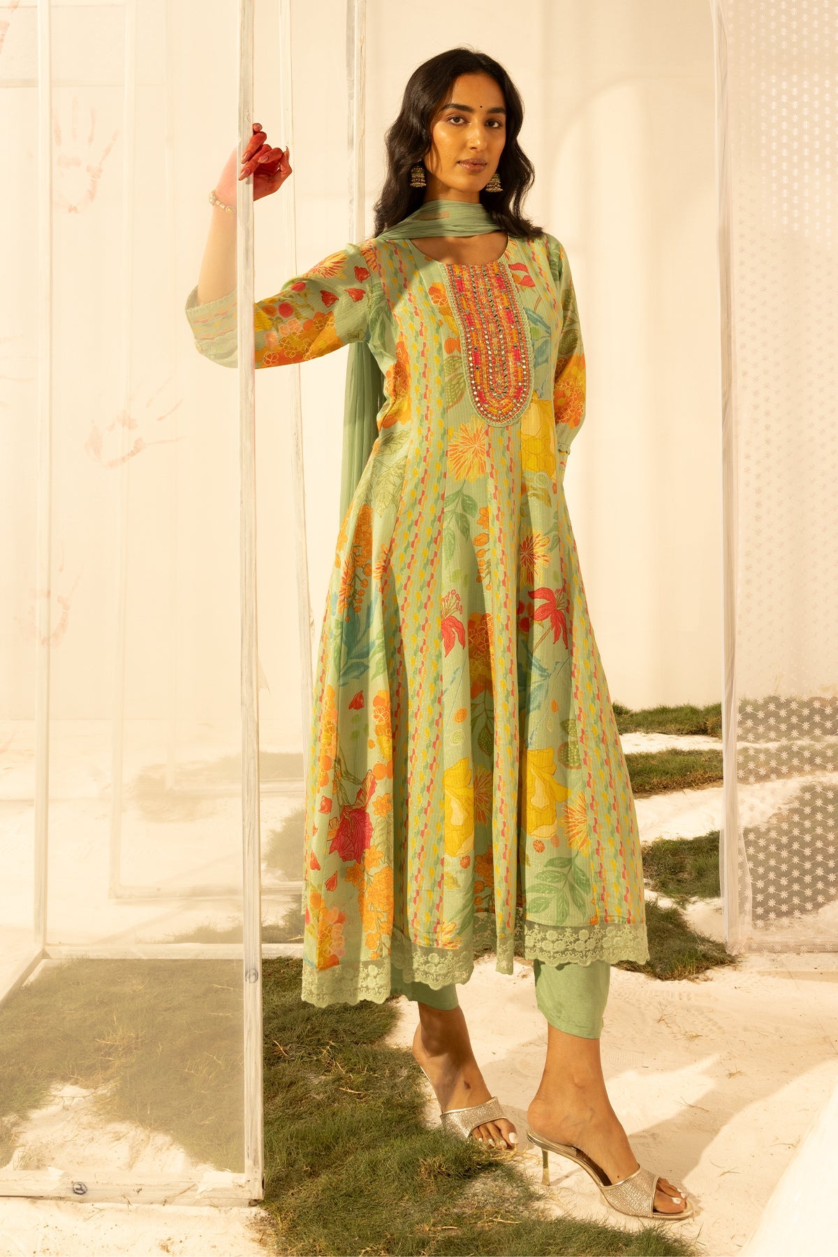 Green Embellished Embroidered Kurta 3 Pcs Set