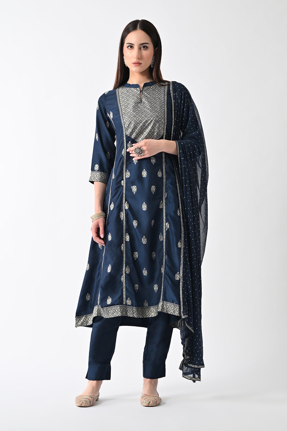 Blue Printed Flared Kurta Set (3 Piece)
