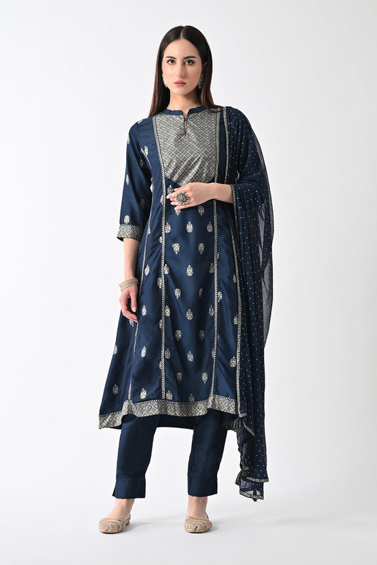 Blue Printed Flared Kurta Set (3 Piece)