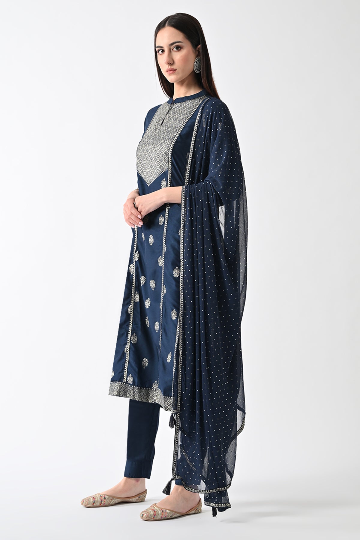 Blue Printed Flared Kurta Set (3 Piece)