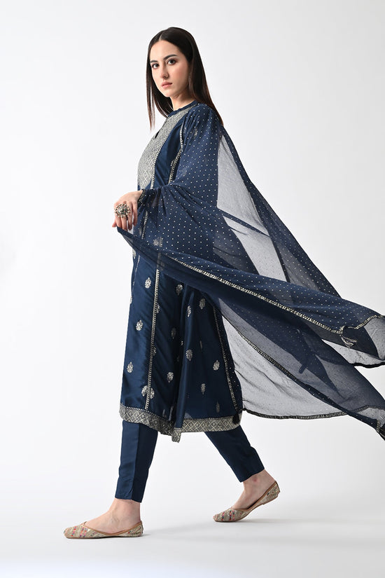 Blue Printed Flared Kurta Set (3 Piece)
