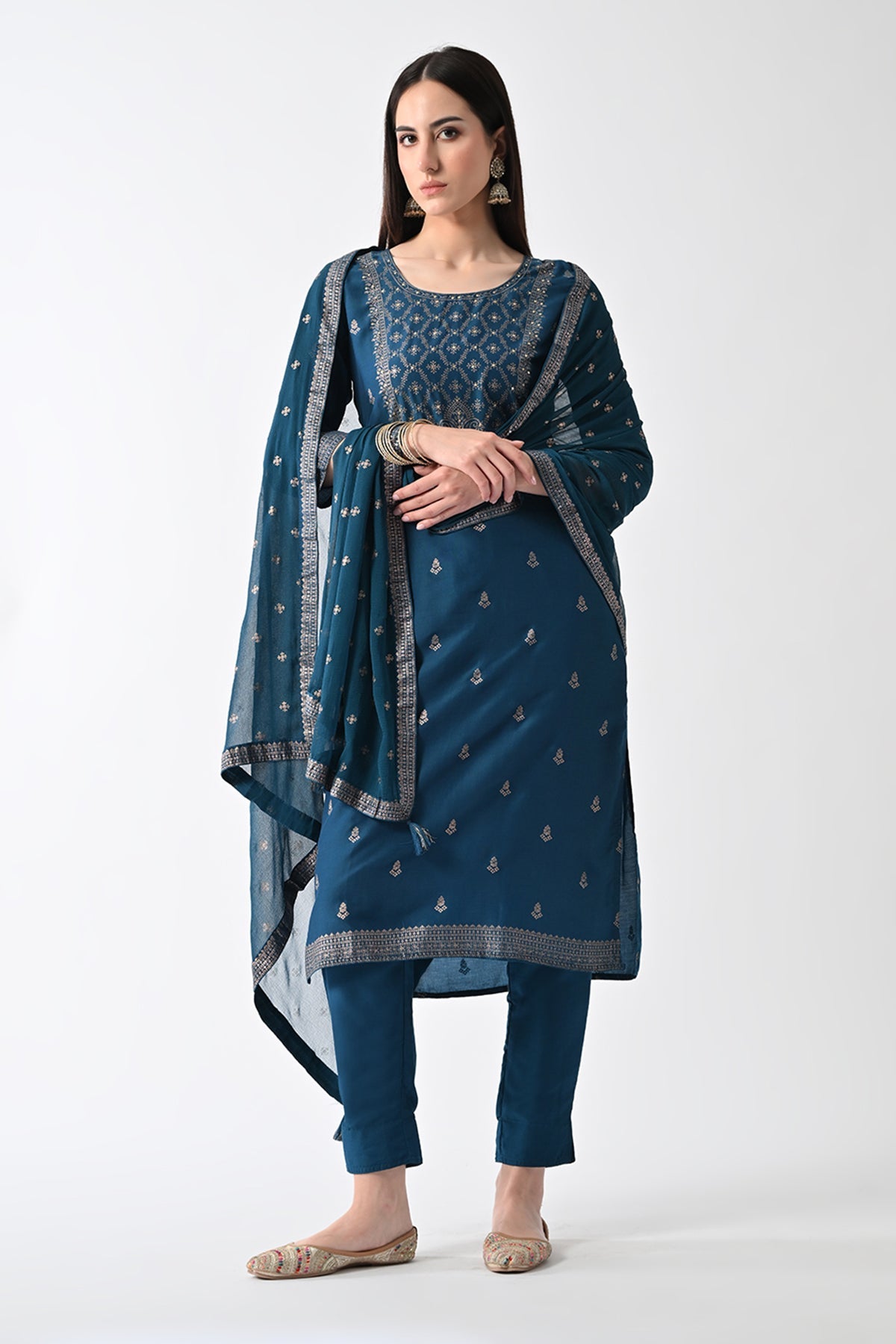 Teal Printed Straight Kurta 3 Pcs Set