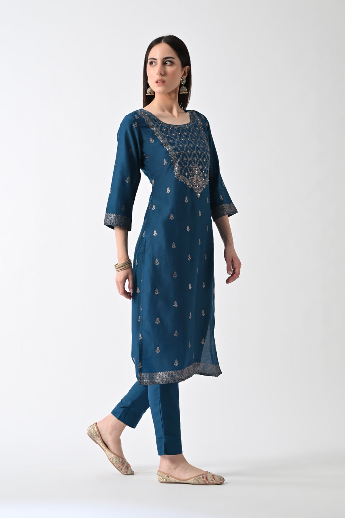 Teal Printed Straight Kurta 3 Pcs Set