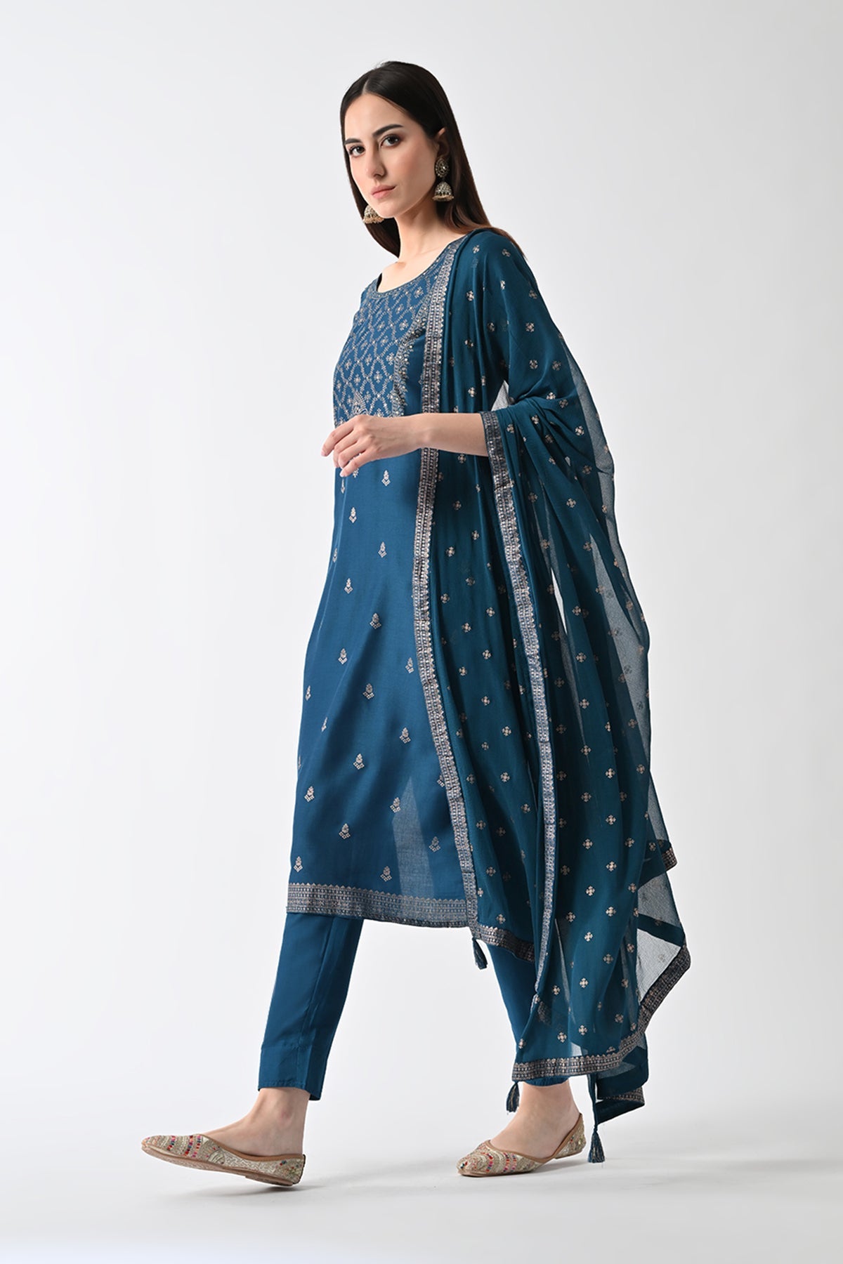Teal Printed Straight Kurta 3 Pcs Set