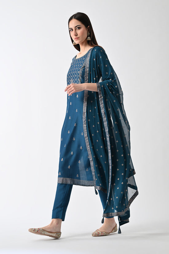 Teal Printed Straight Kurta 3 Pcs Set