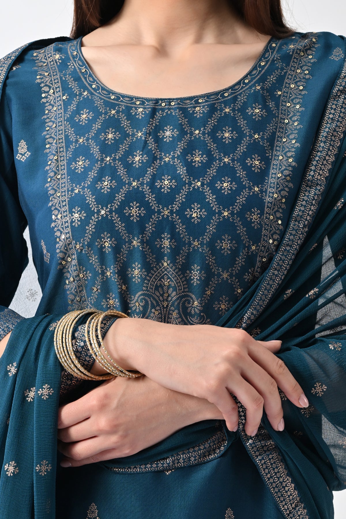 Teal Printed Straight Kurta 3 Pcs Set