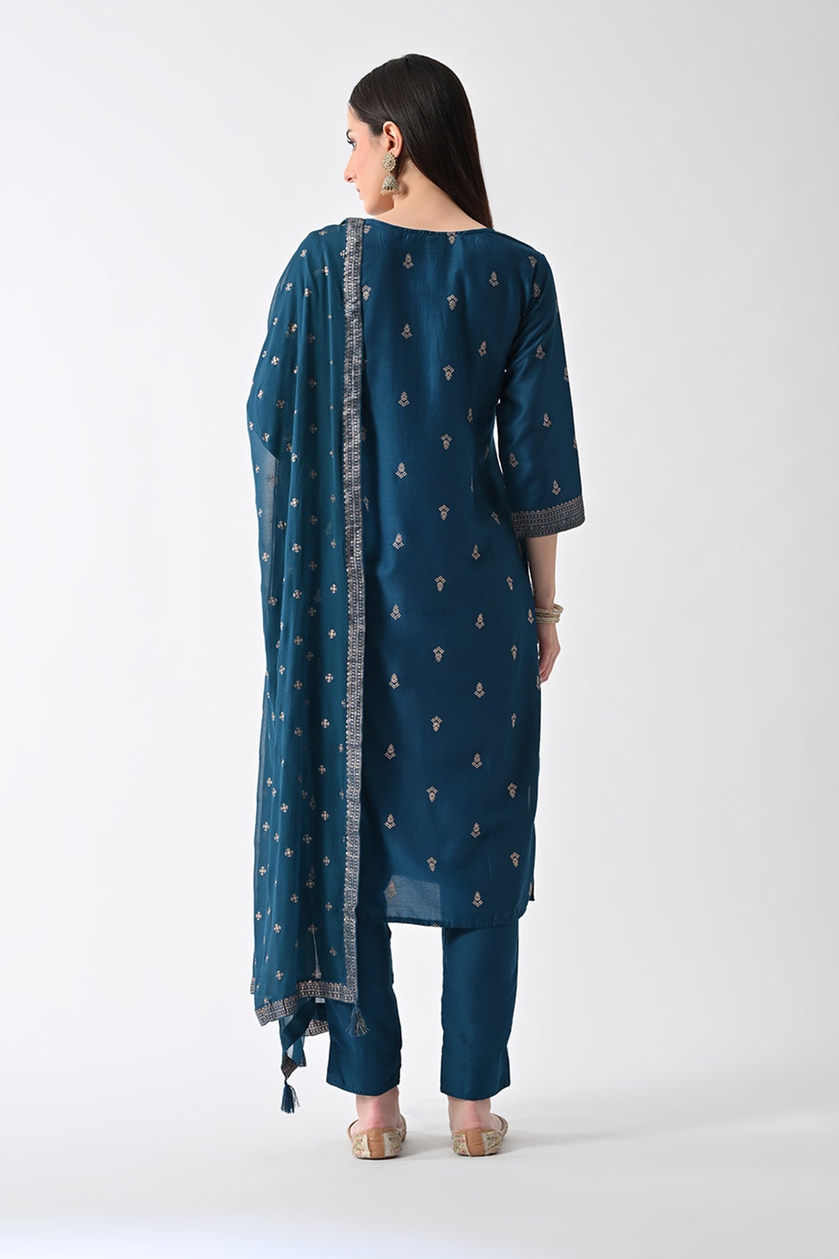Teal Printed Straight Kurta 3 Pcs Set