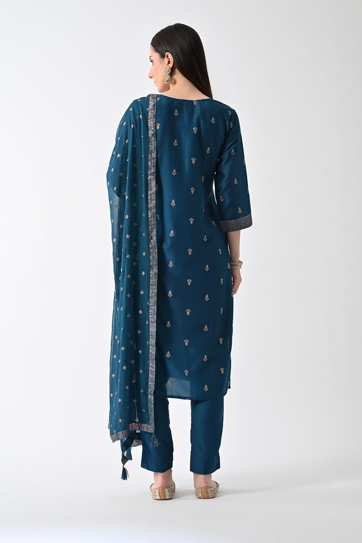 Teal Printed Straight Kurta Set (3 Piece)
