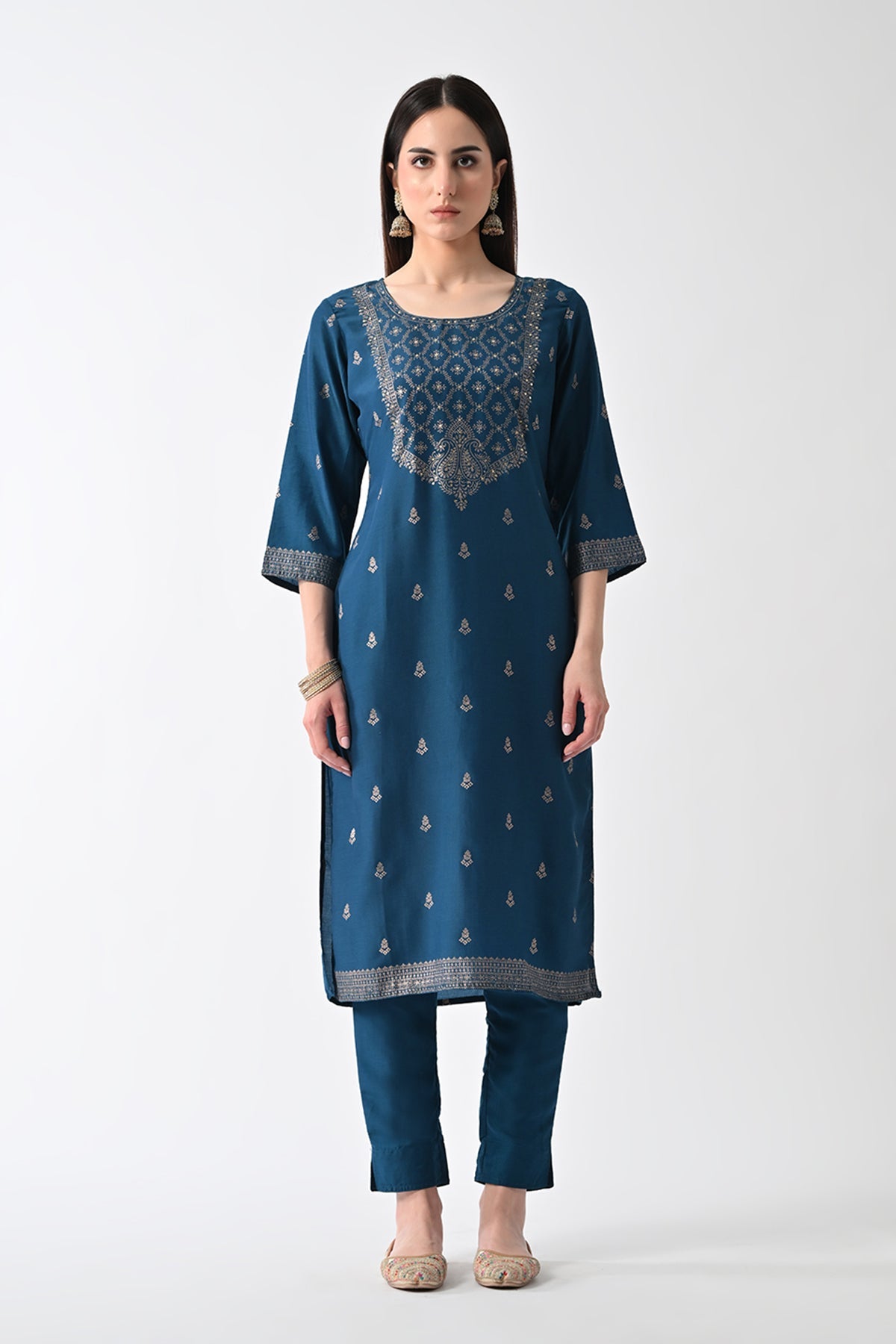 Teal Printed Straight Kurta 3 Pcs Set