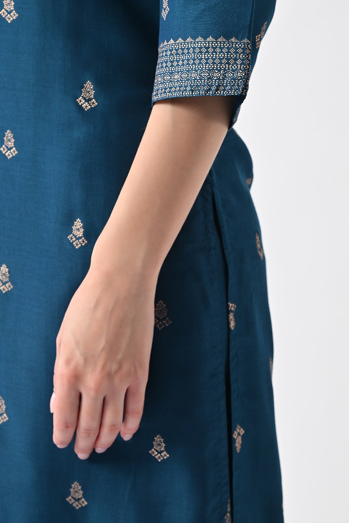 Teal Printed Straight Kurta 3 Pcs Set