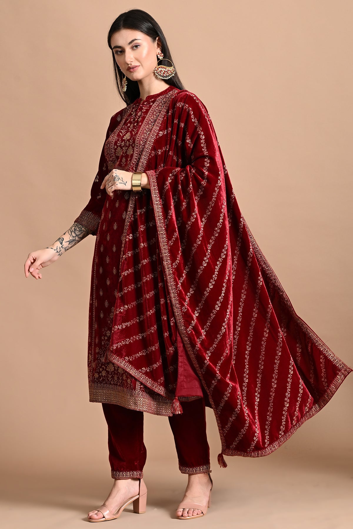 Maroon Printed Kurta 3 Pcs Set