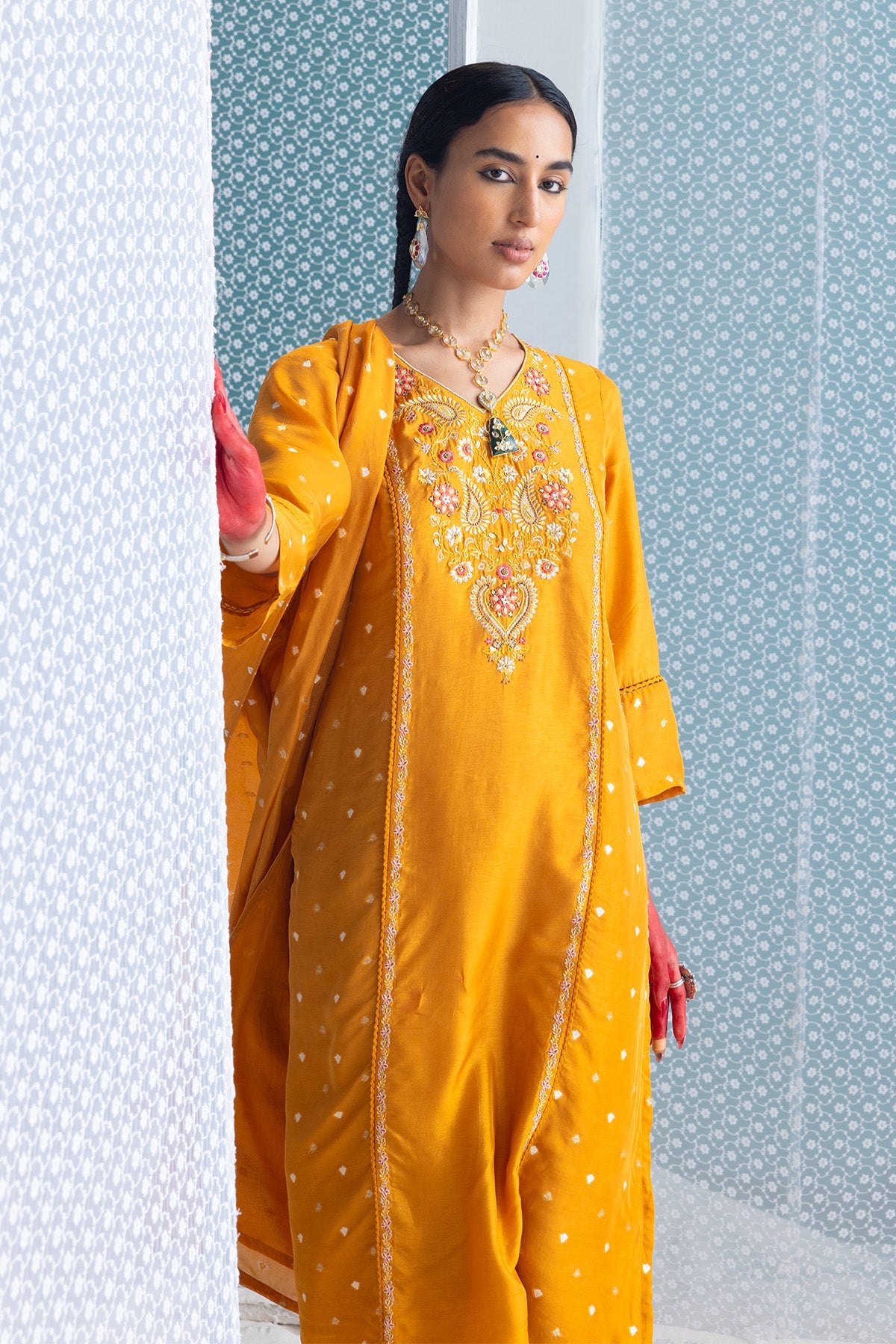Mustard Yellow Embroidered Kurta 3 Pcs Set