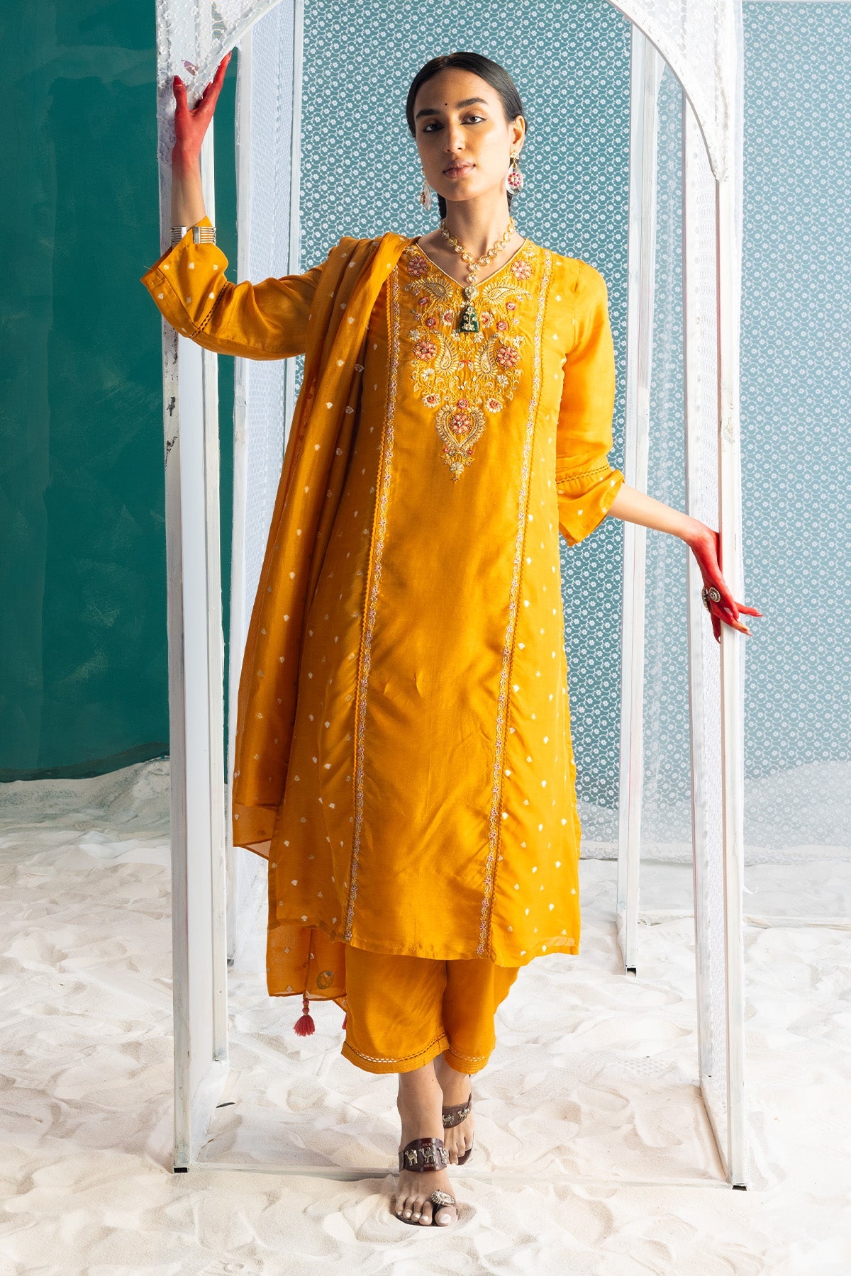 Mustard Yellow Embroidered Kurta 3 Pcs Set