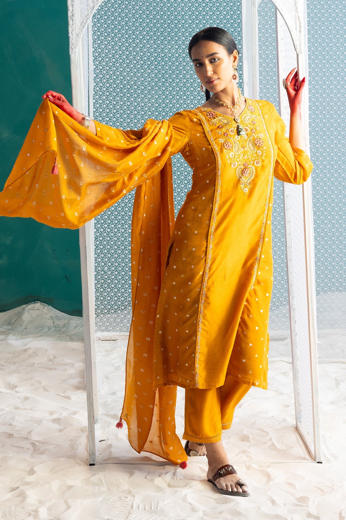 Mustard Yellow Embroidered Kurta Set