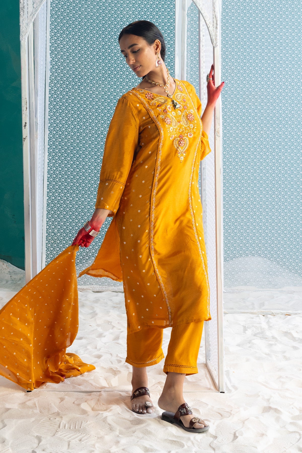 Mustard Yellow Embroidered Kurta 3 Pcs Set