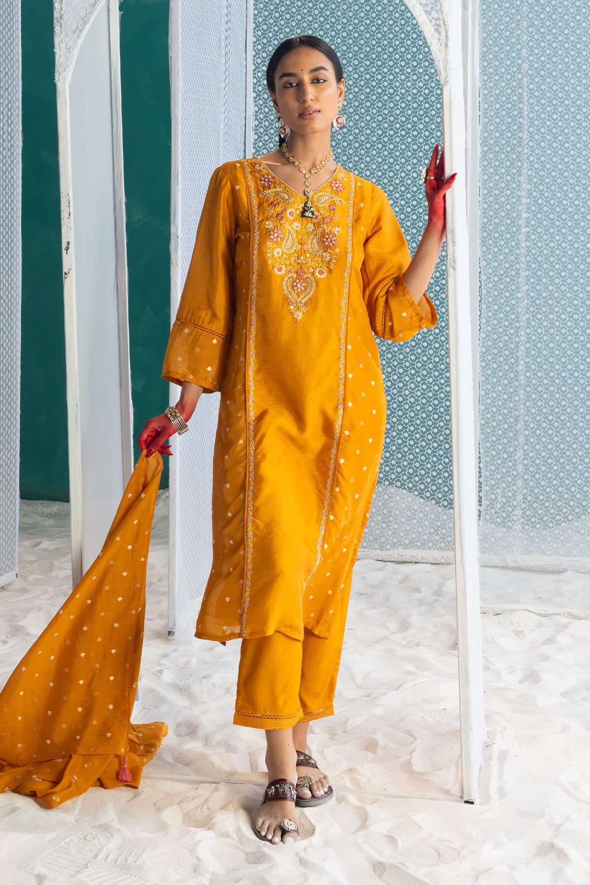 Mustard Yellow Embroidered Kurta 3 Pcs Set