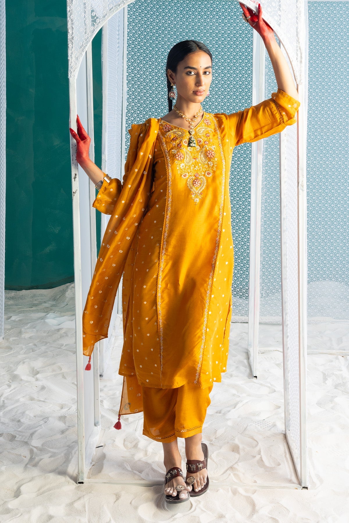 Mustard Yellow Embroidered Kurta 3 Pcs Set