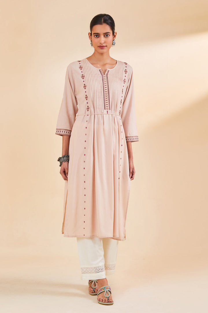 Beige Embroidered Straight Kurta