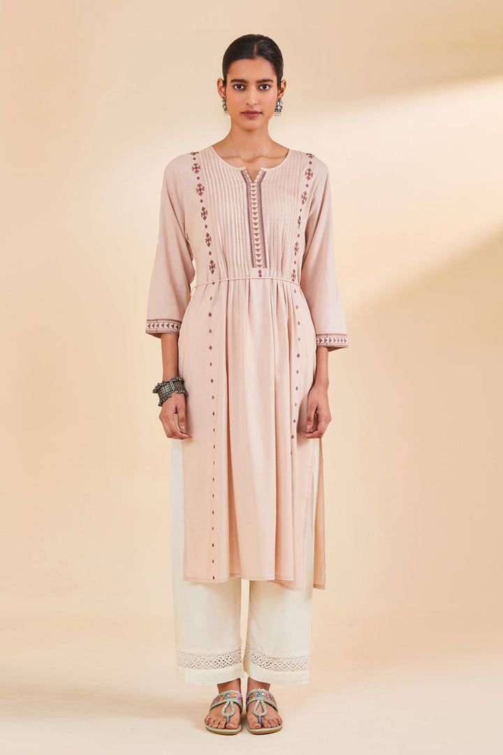 Beige Embroidered Straight Kurta