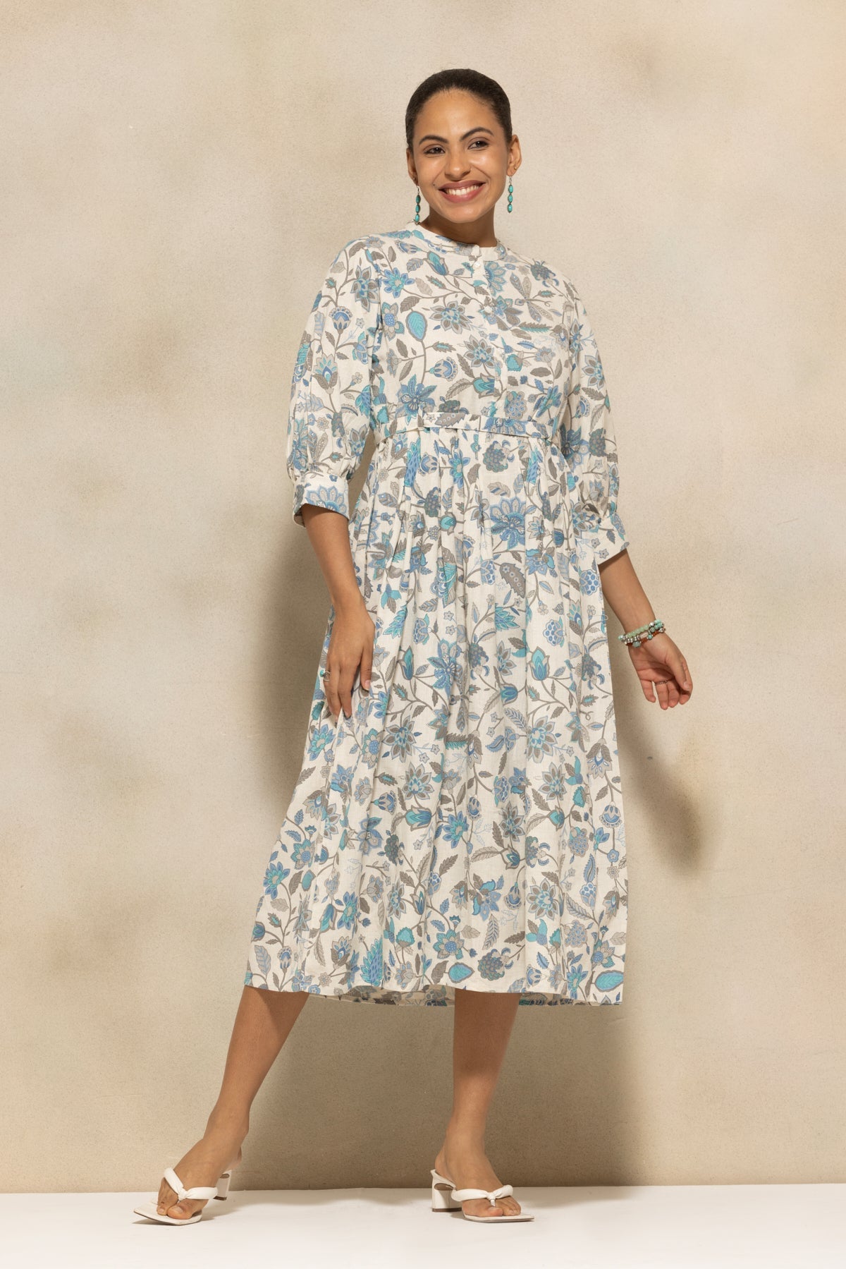 Cream Flared Printed Dress