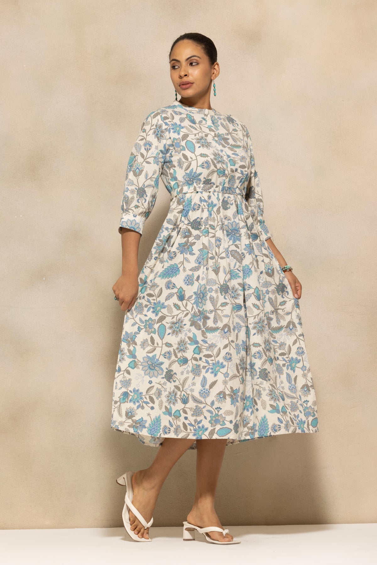 Cream Flared Printed Dress