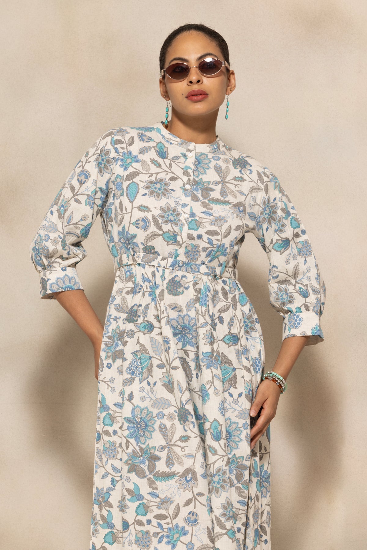 Cream Flared Printed Dress