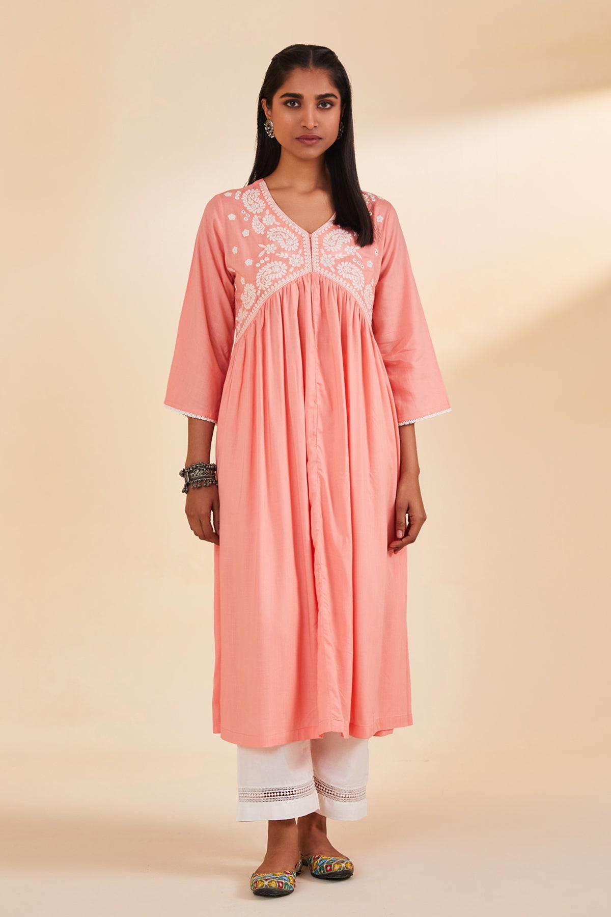 Peach Yoke Embroidered Dress