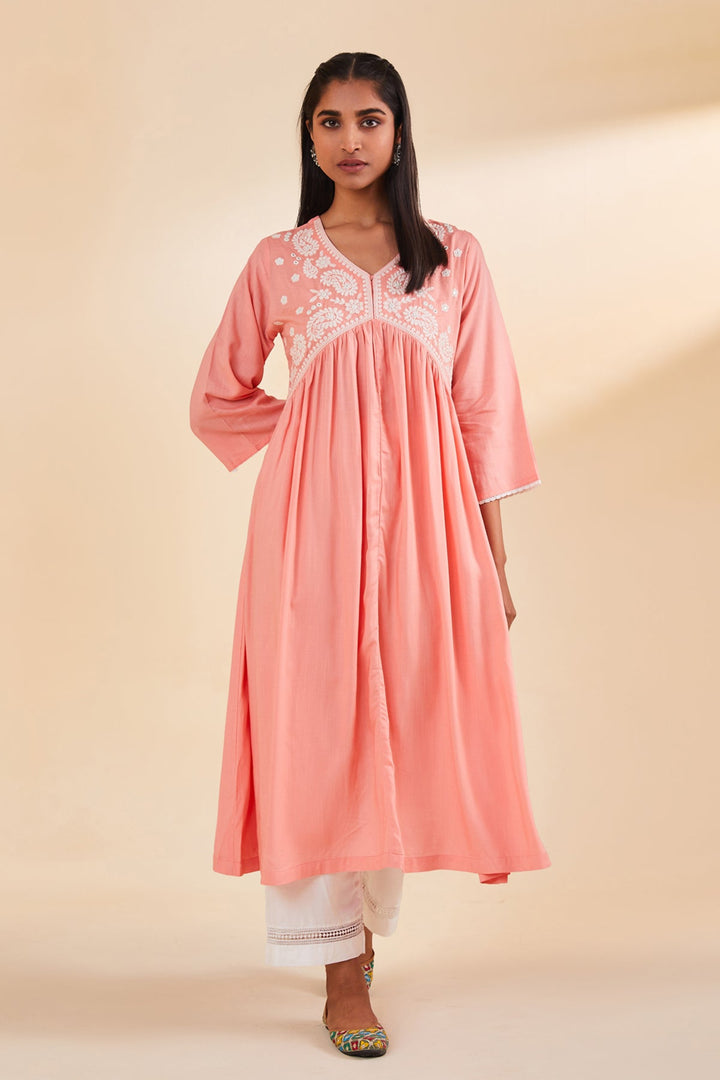 Peach Yoke Embroidered Dress