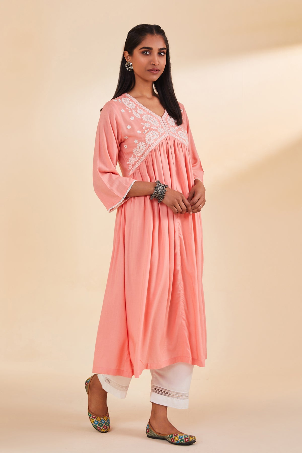 Peach Yoke Embroidered Dress