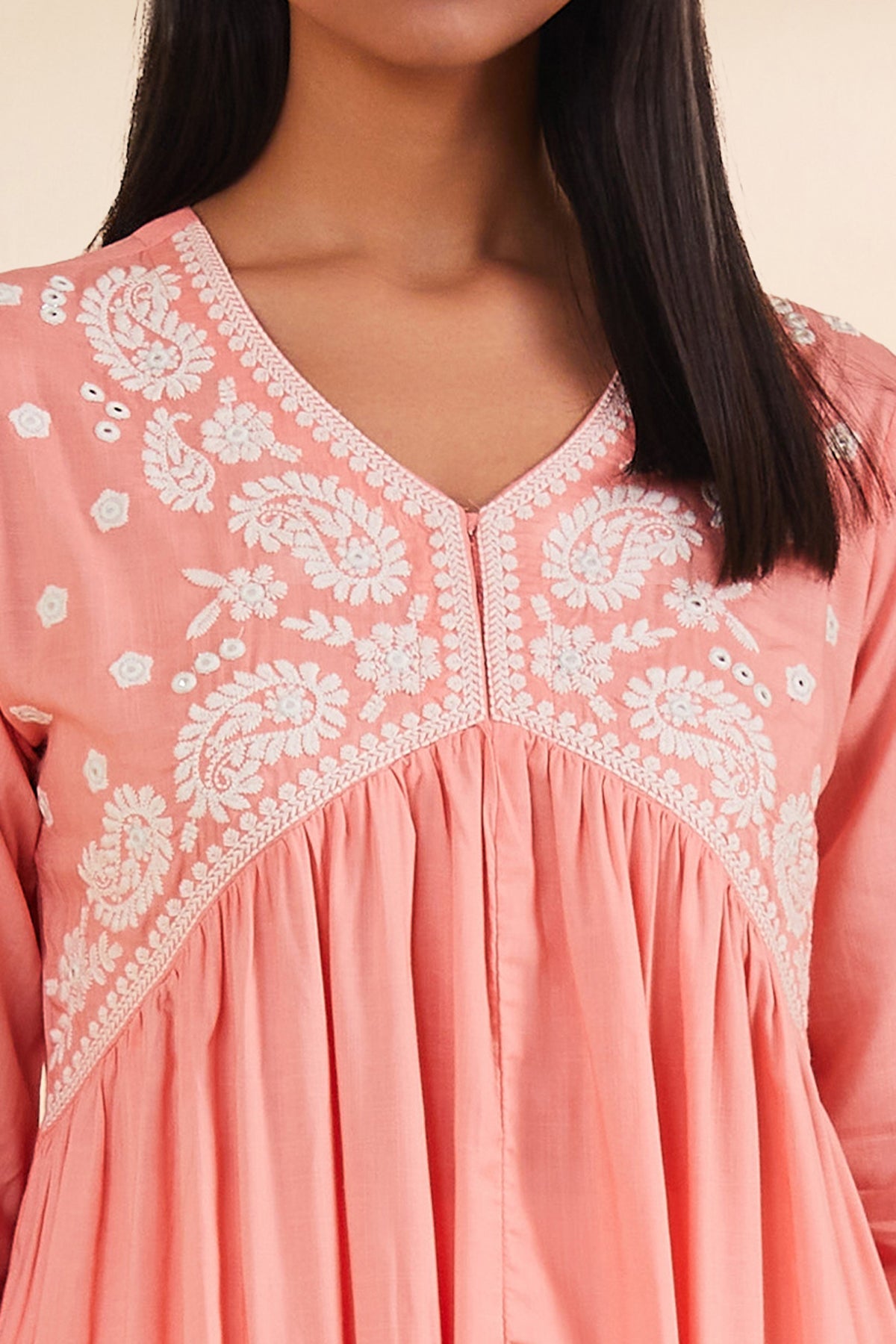 Peach Yoke Embroidered Dress