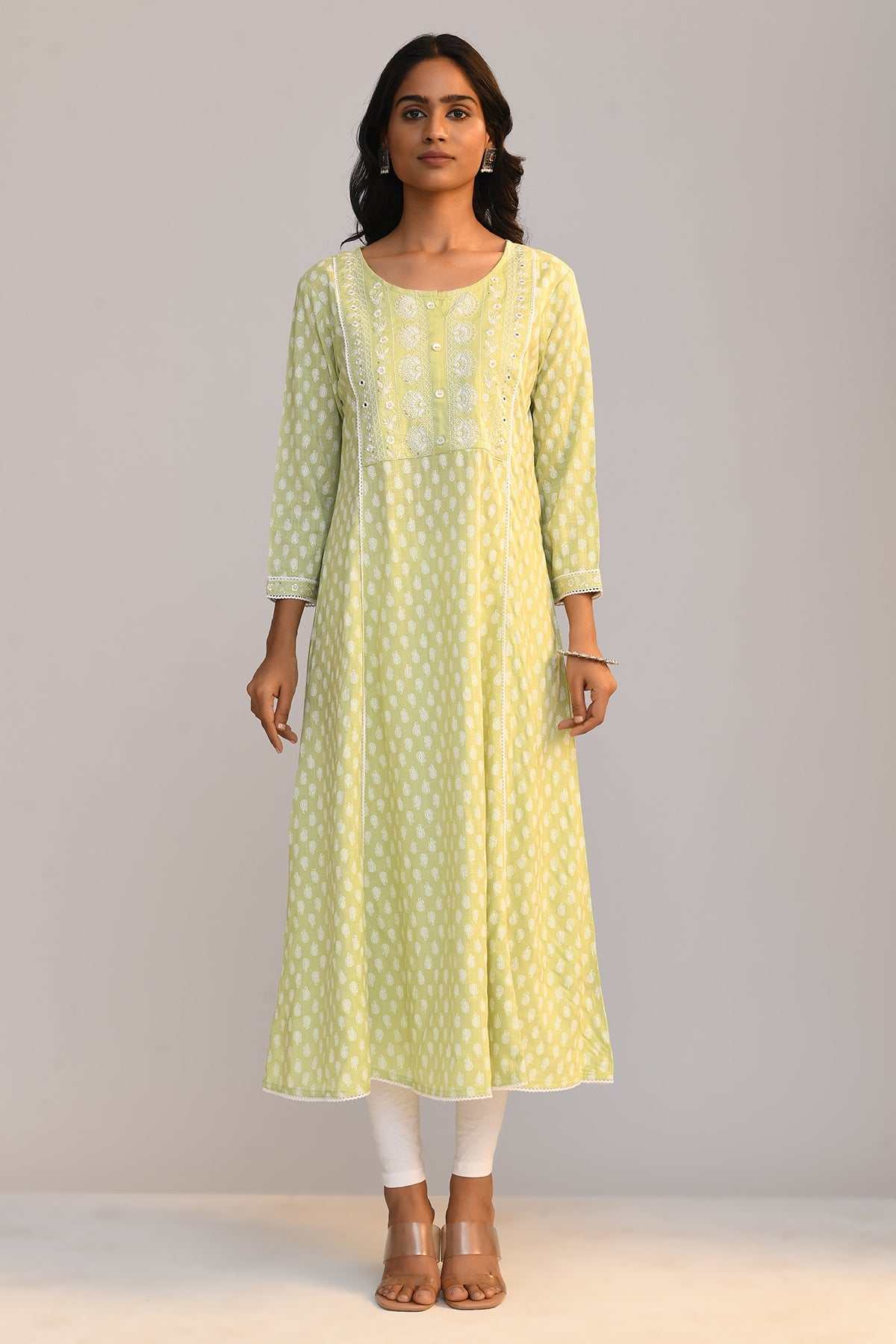 Green Printed A Line Kurta