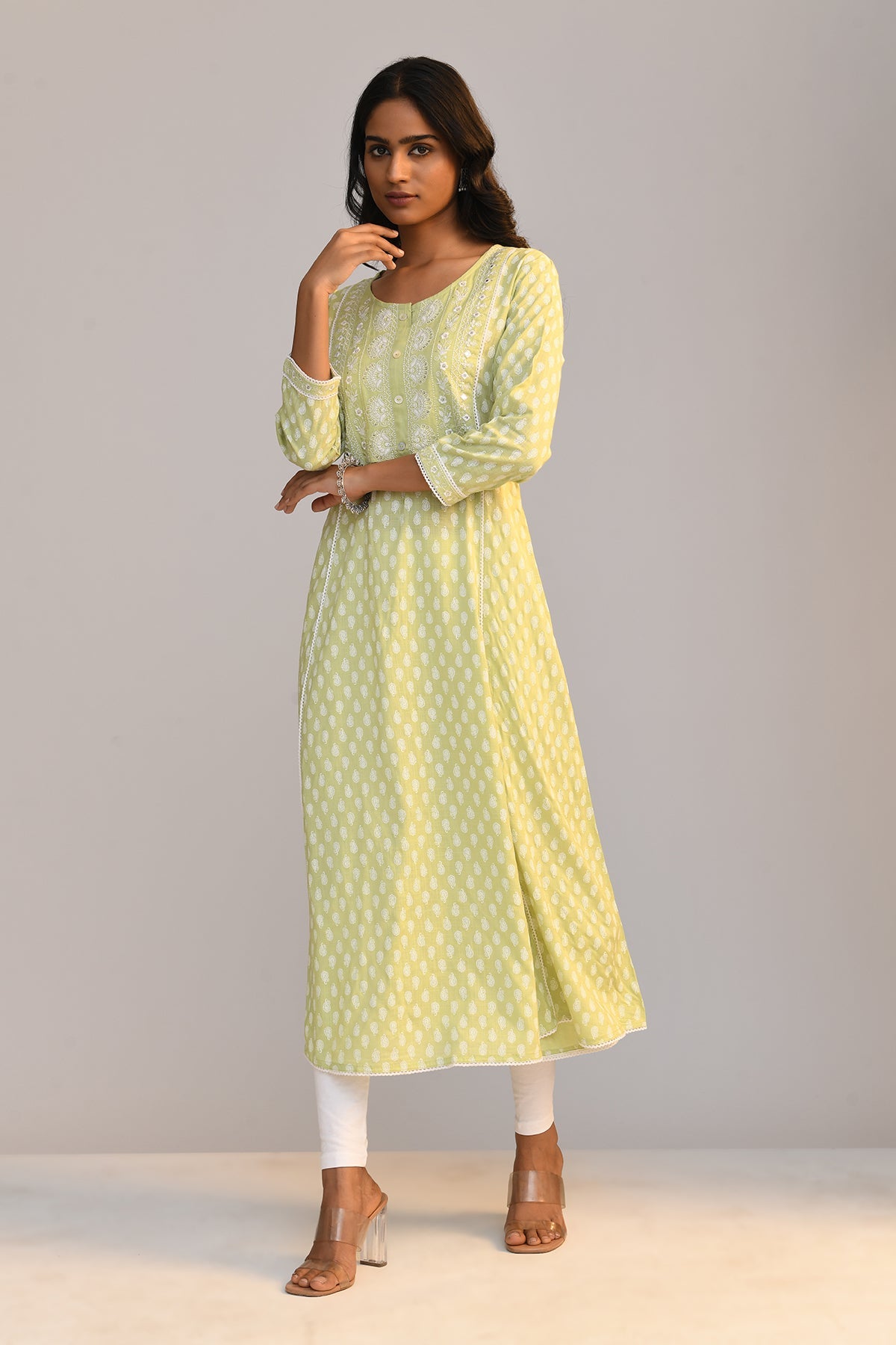 Green Printed A Line Kurta
