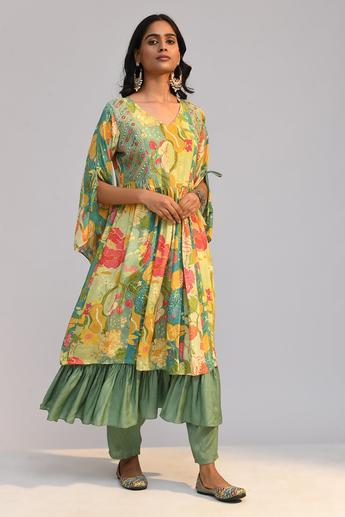 Multi Yoke Embroidered Flared Kurta Set