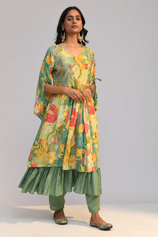 Multi Yoke Embroidered Flared Kurta Set